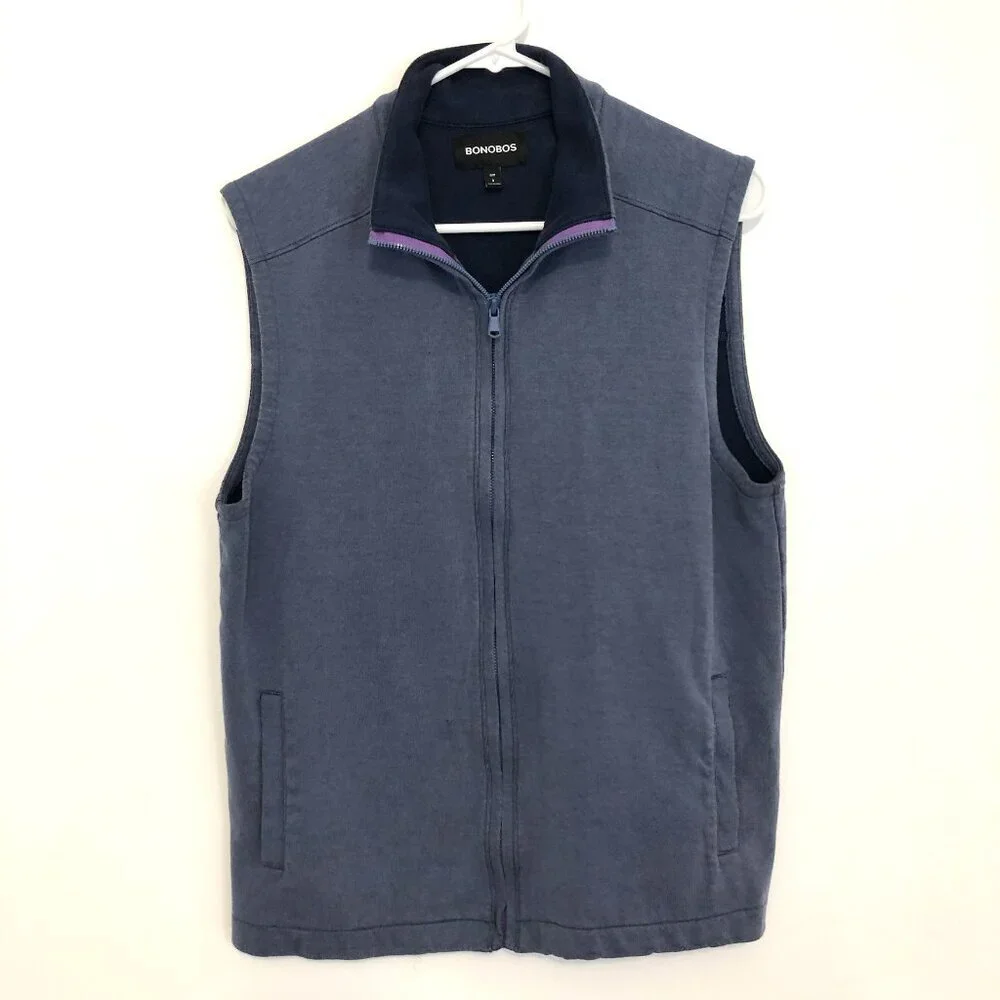 BONOBOS Mens Daily Grind Vest Blue Full Zip Sleeveless Cotton Etc SLIM FIT Small